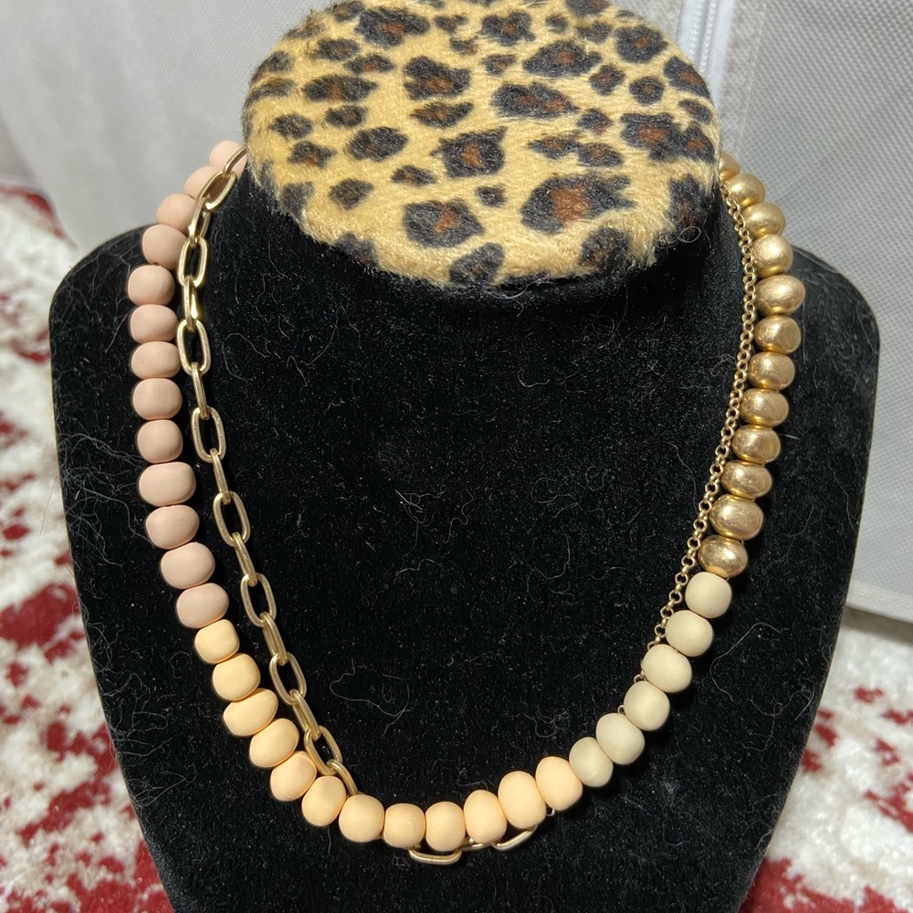 Neutral Bead Gold Tone Chain Necklace Matte, Mixed Media